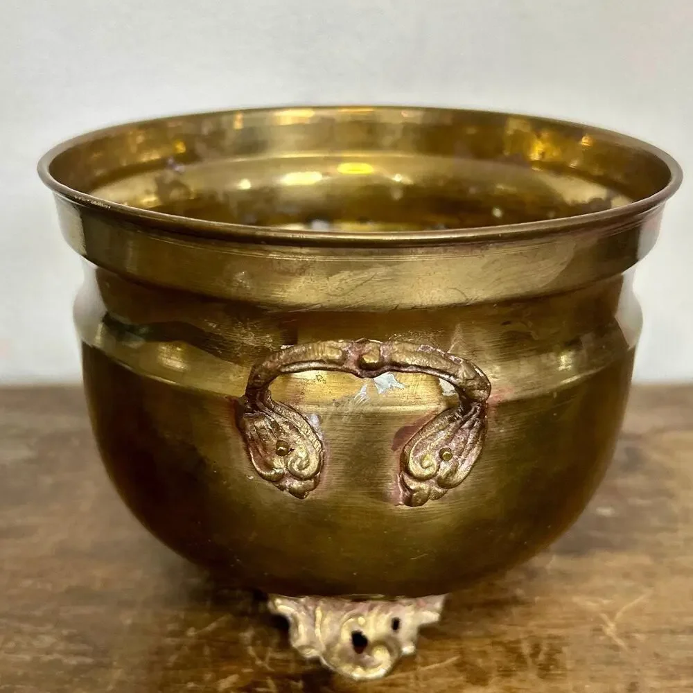 Vintage Small Footed Brass Planter | Jardinier Vase Boho Decor